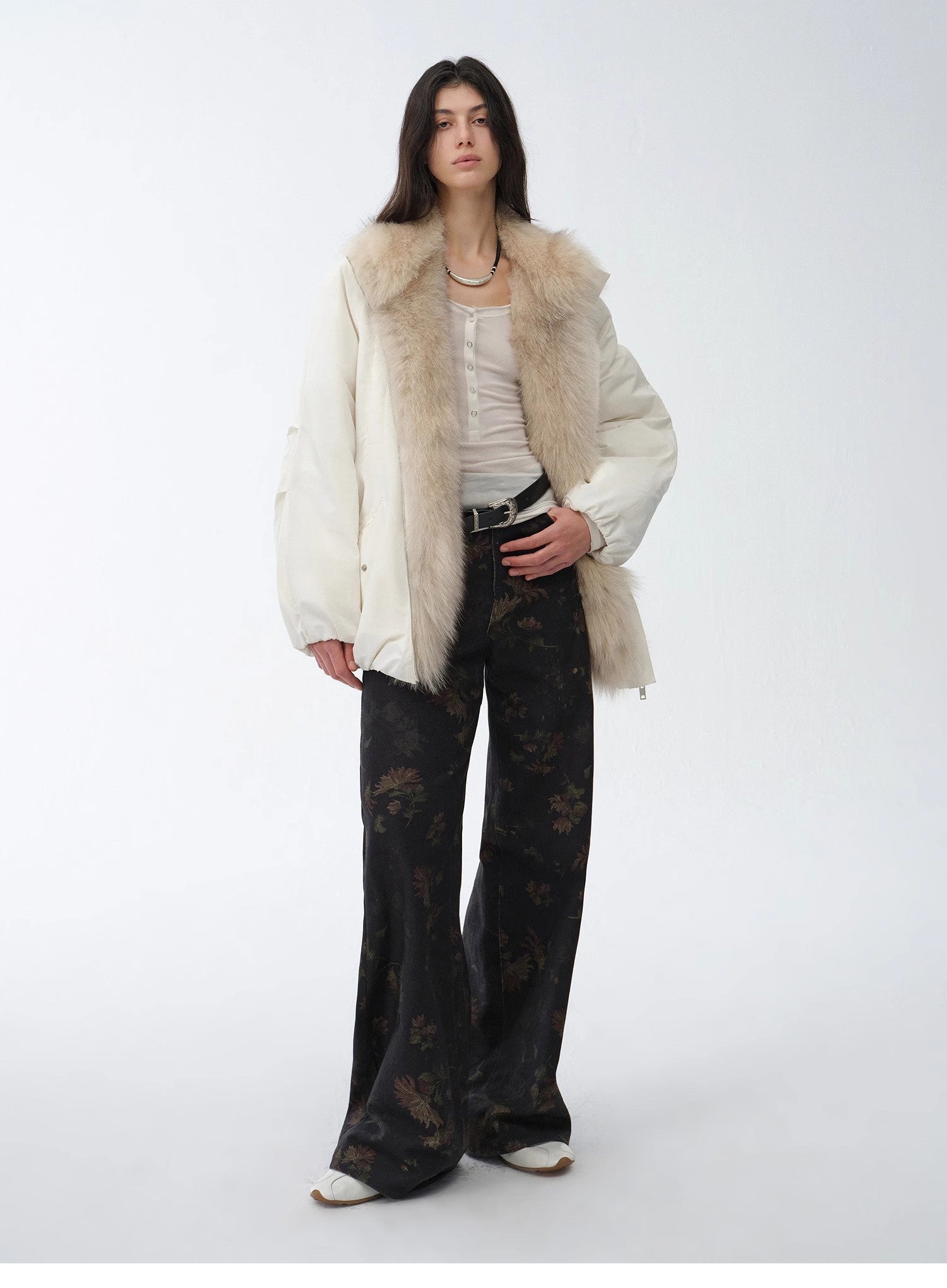 "Warm Dialogue" Two-tone fox fur collar detachable 90 goose down jacket mid-length down parka