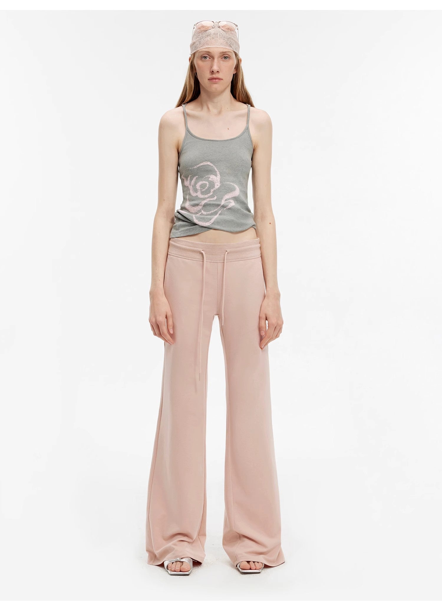 "American High Street" air-spun OE cotton fashionable low-rise fit wide waist drawstring flared pants