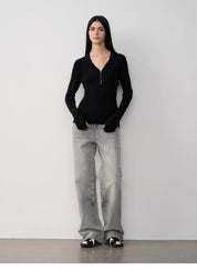 Vintage Heavy Wash Distressed Marble Pattern V-Shaped Segmented Slimming Textured Straight-Leg Denim Trousers