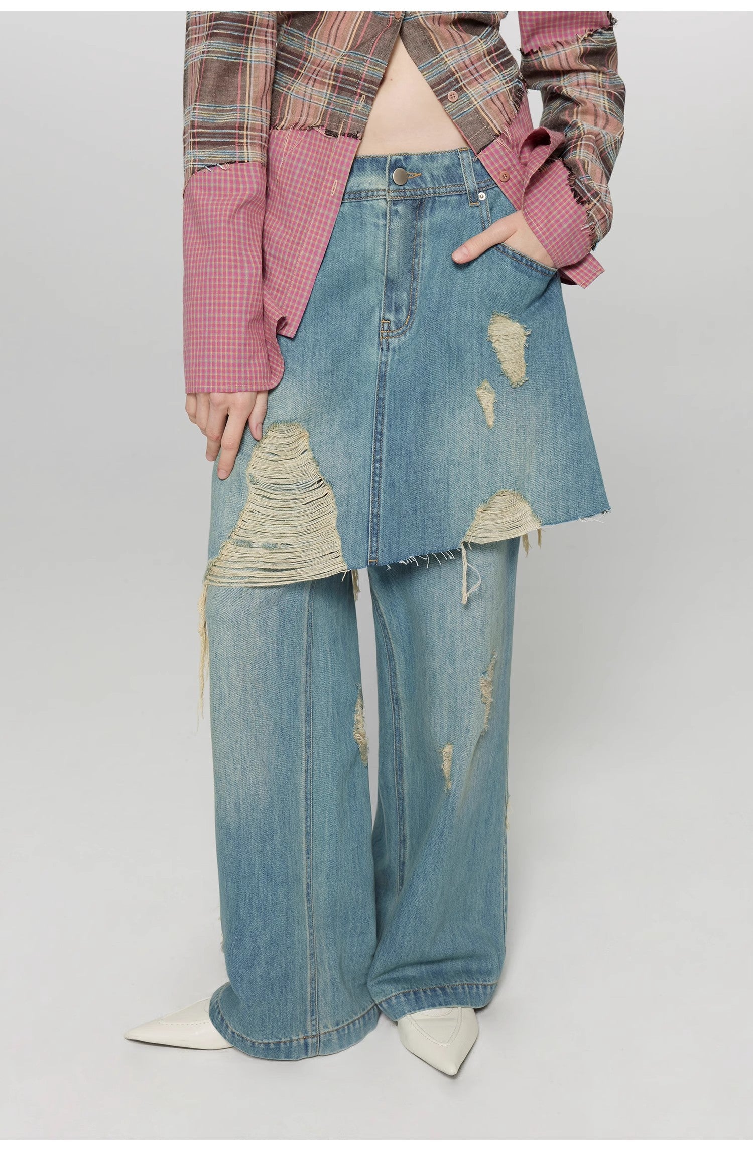 "Fashionable Sniper" Tencel blended fake two-piece stitching jeans women's ripped raw edge straight wide-leg pants