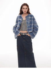 "Dream Chaser" round neck short horizontal spray stripe contrast color loose imported Rex rabbit fur coat