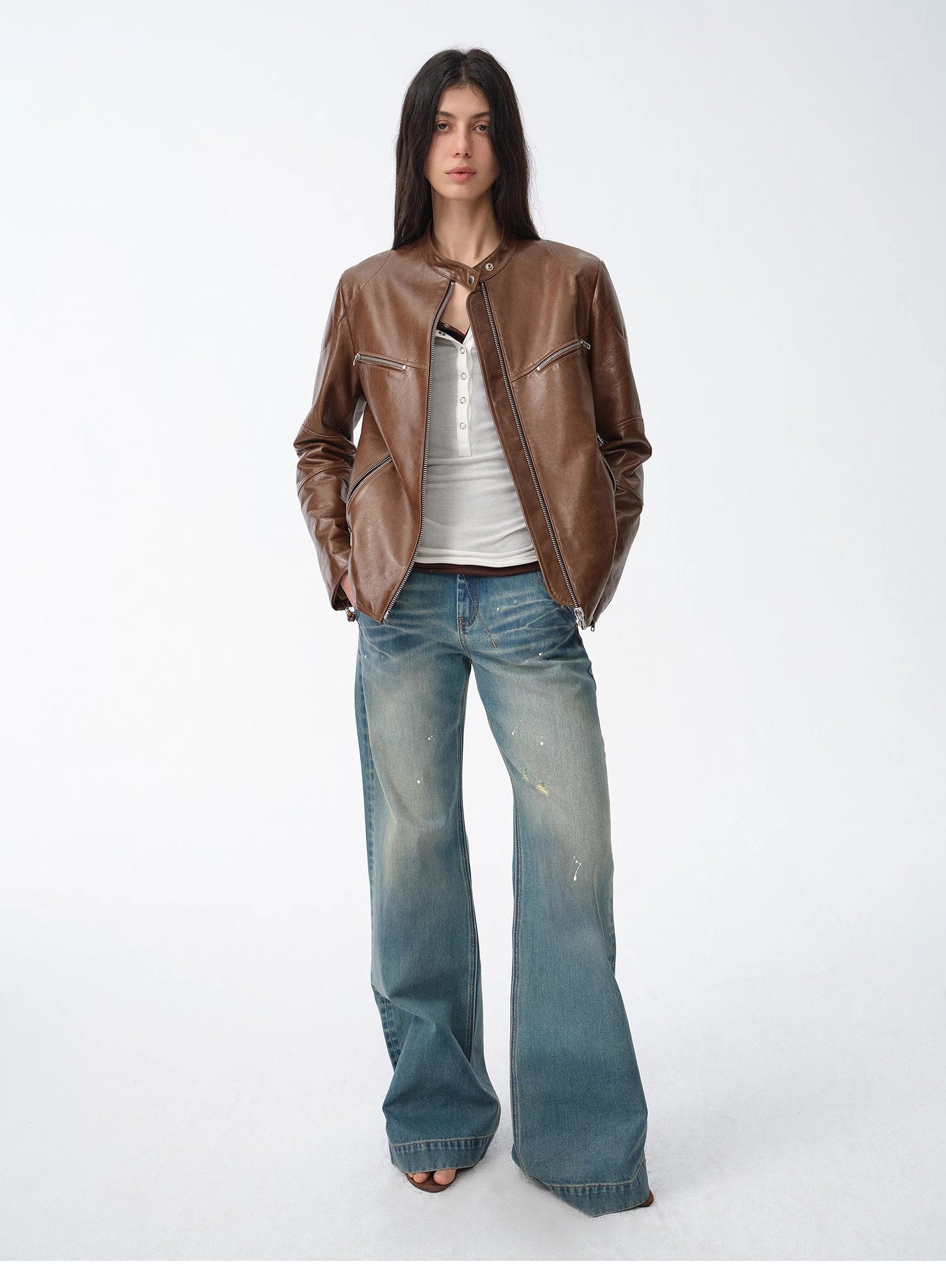 New Zealand imported waxed sheepskin/cowhide vintage motorcycle leather jacket "Manhattan Dark Night"