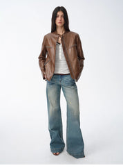 New Zealand imported waxed sheepskin/cowhide vintage motorcycle leather jacket "Manhattan Dark Night"