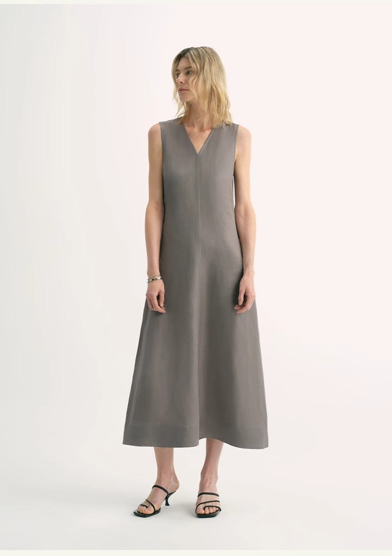 Lightweight and zero-pressure cupro linen textured anti-wrinkle V-neck sleeveless A-line dress