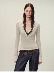 Ultrafine water-soluble wool blended versatile V-neck cardigan long-sleeved knitted top "Warm Brown Quiet Autumn"