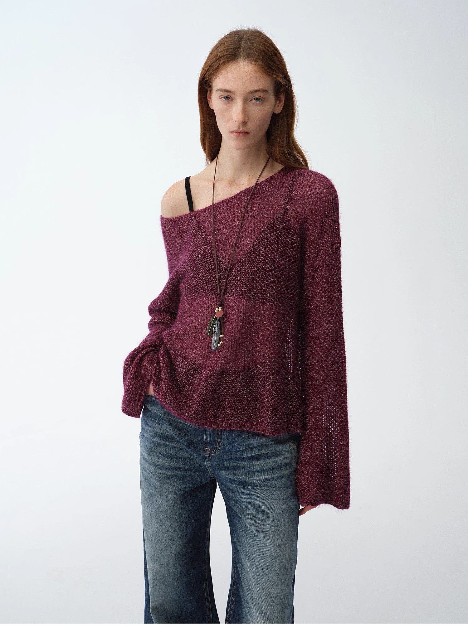 "Sparkling Spring" Mohair Blended Fancy Yarn Boat Neck Sequin Hollow Sweater Top