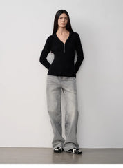 Vintage Heavy Wash Distressed Marble Pattern V-Shaped Segmented Slimming Textured Straight-Leg Denim Trousers