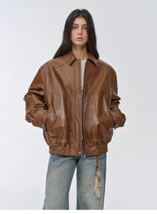 "Fashionable Luke" imported waxed sheepskin leather retro work jacket coat for women