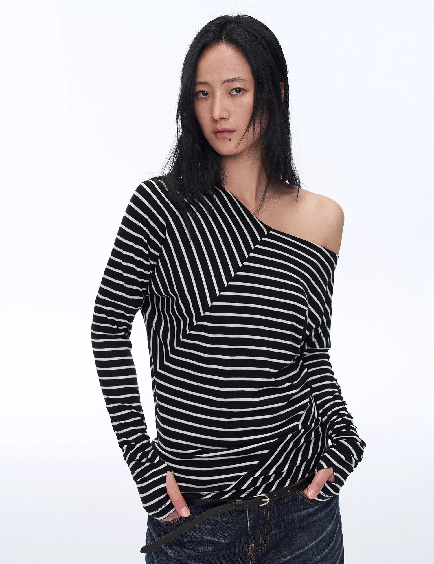Fashionable off-shoulder Lyocell Tencel wool blended draped patchwork striped T-shirt"Picasso Lines"