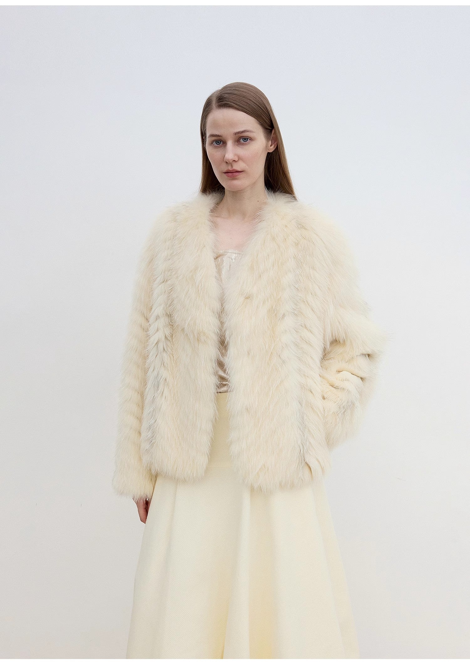 "Champagne on a Snowy Night" imported fox fur two-tone V-neck oblique stripe slim jacket