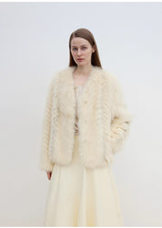 "Champagne on a Snowy Night" imported fox fur two-tone V-neck oblique stripe slim jacket