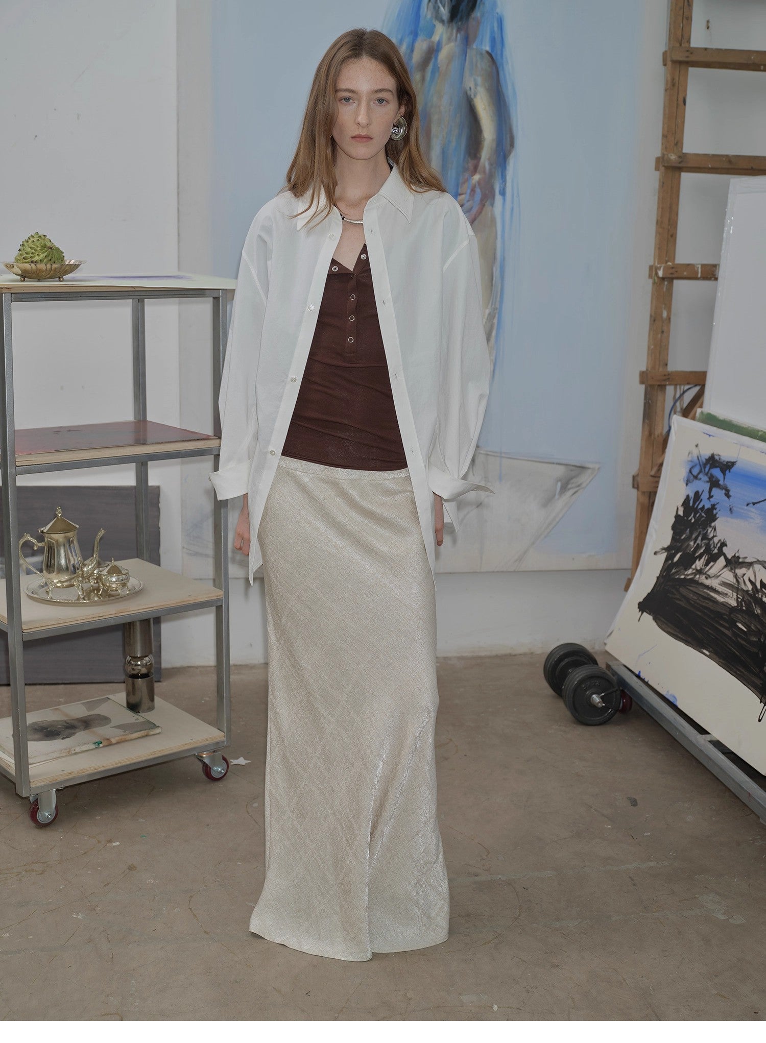 Loose casual standing straight silhouette deconstructed waist shirt “Moonlight Vermilion”