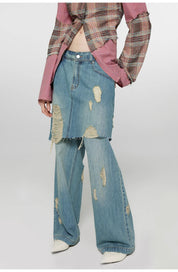 "Fashionable Sniper" Tencel blended fake two-piece stitching jeans women's ripped raw edge straight wide-leg pants