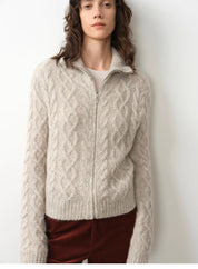 "Romantic Cable" vintage warm flower basic mohair wool cable blend zipper knitted cardigan