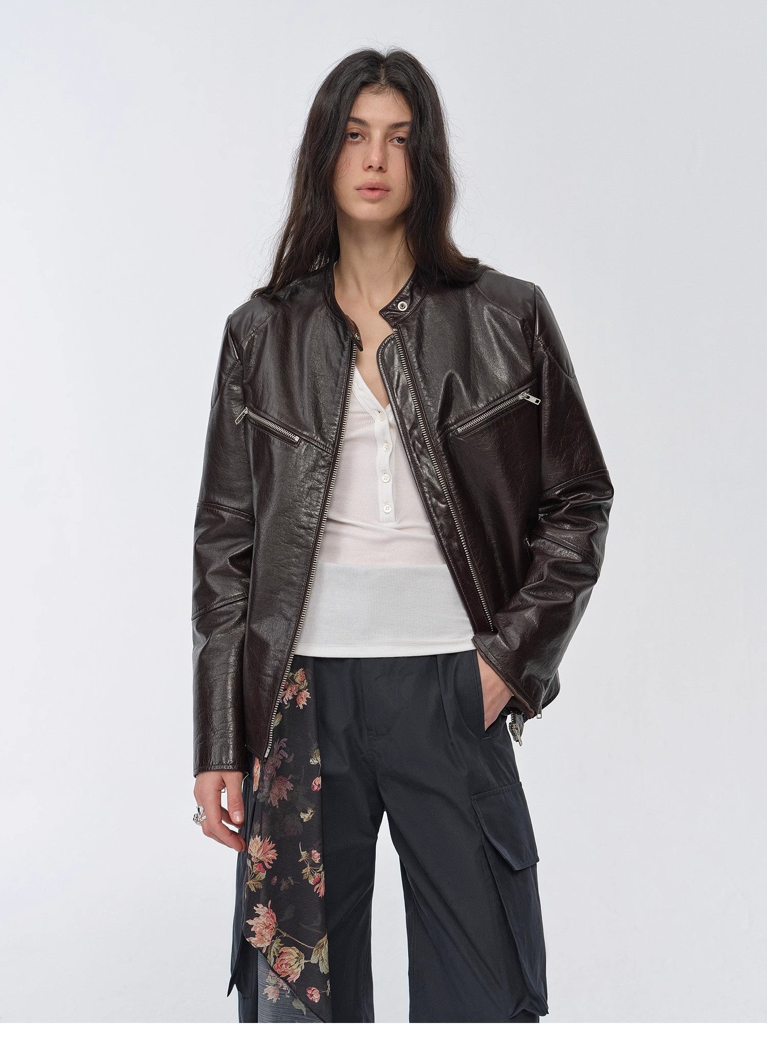 New Zealand imported waxed sheepskin/cowhide vintage motorcycle leather jacket "Manhattan Dark Night"
