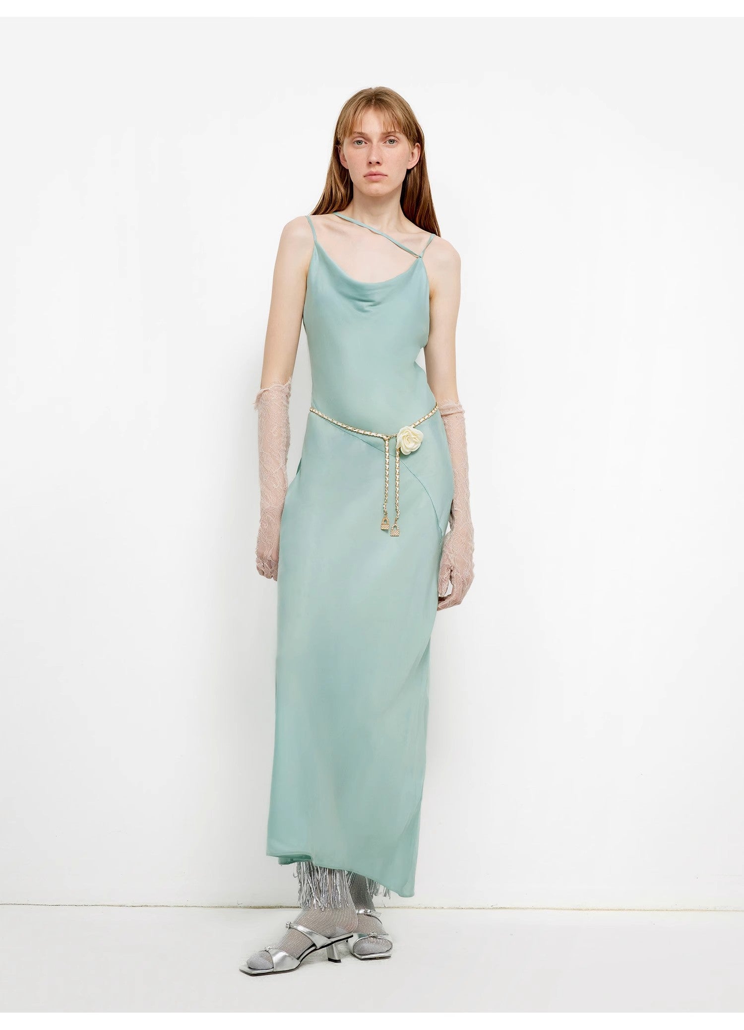 "Island Riddle" Glossy copper-ammonia silk satin light luxury swing collar slim fishtail suspender dress