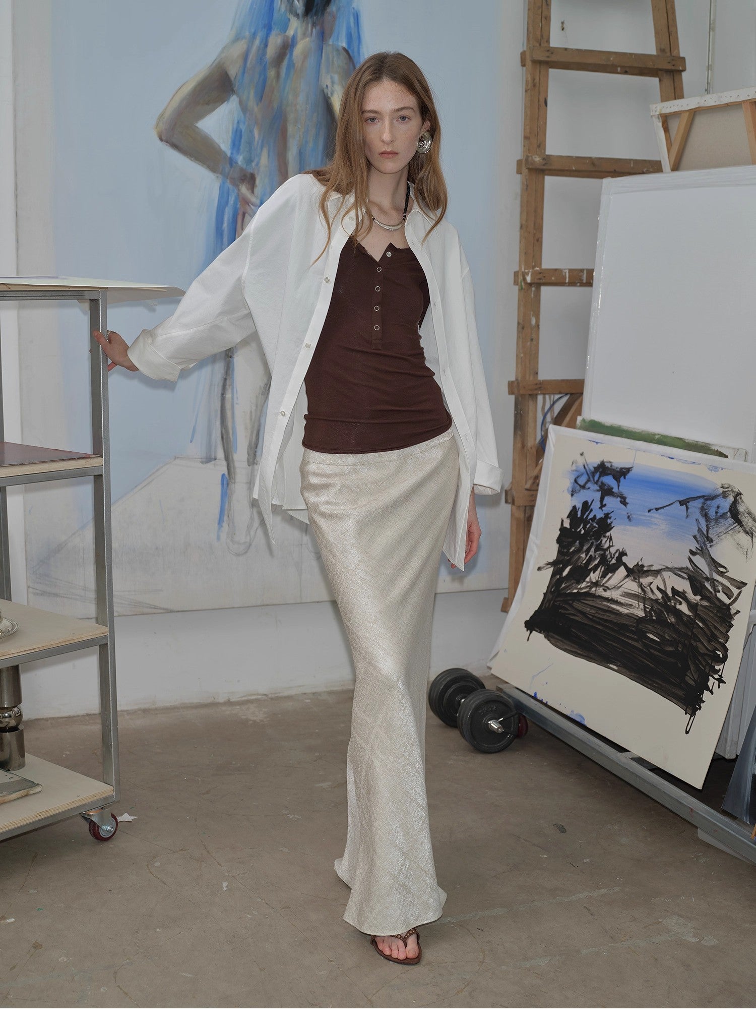 Loose casual standing straight silhouette deconstructed waist shirt “Moonlight Vermilion”