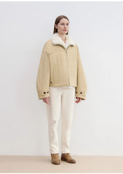 "Rebellious Escape" detachable contrasting color shearling fur collar down short parka