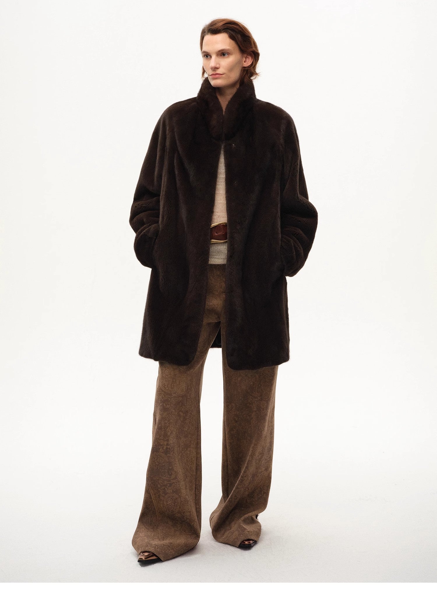 "Vintage Walk" Retro nostalgic chenille suede mid-rise cashew smudge print scimitar pants