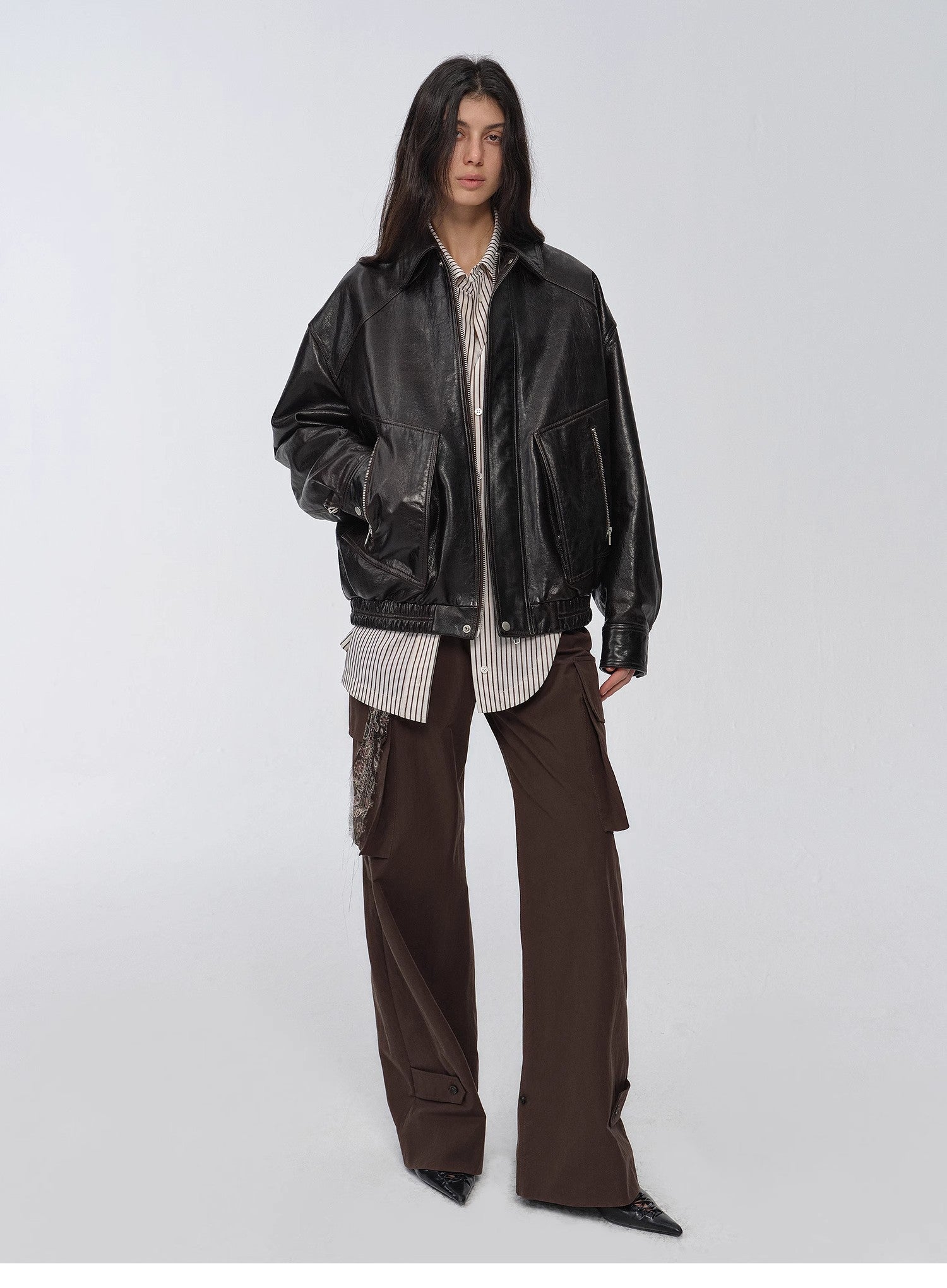 "New York International Student" Retro and fashionable imported waxed sheepskin leather bomber jacket