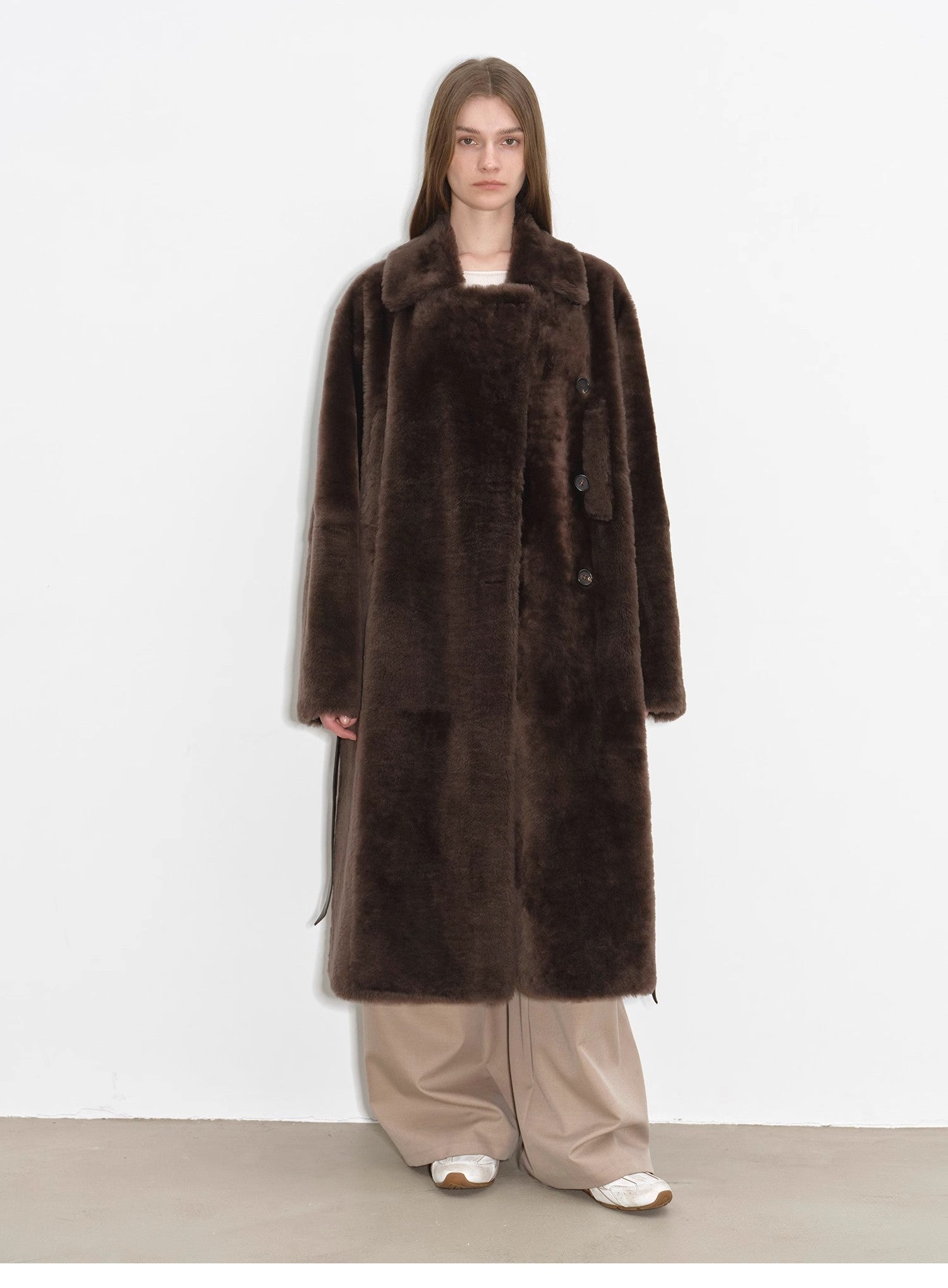 "Mocha Phantom" Merino wool dropped shoulder long asymmetric placket sheepskin coat