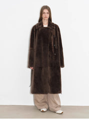 "Mocha Phantom" Merino wool dropped shoulder long asymmetric placket sheepskin coat