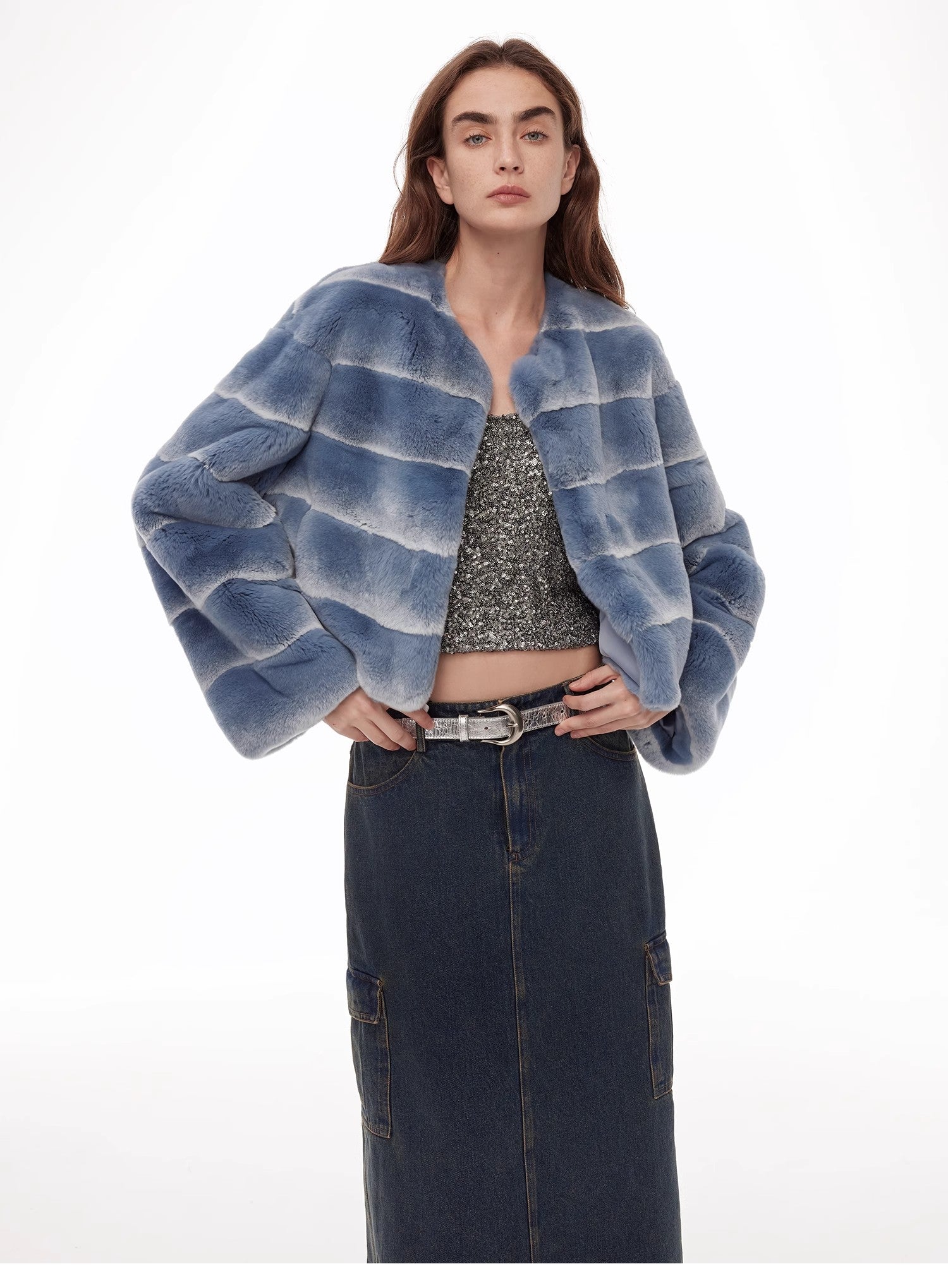 "Dream Chaser" round neck short horizontal spray stripe contrast color loose imported Rex rabbit fur coat