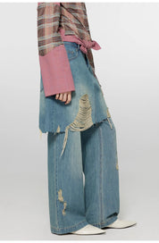 "Fashionable Sniper" Tencel blended fake two-piece stitching jeans women's ripped raw edge straight wide-leg pants