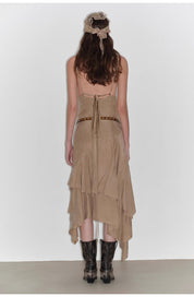 "Heart-beating Invitation" Lazy copper-ammonia rayon V-neck irregular adjustable mid-length suspender dress