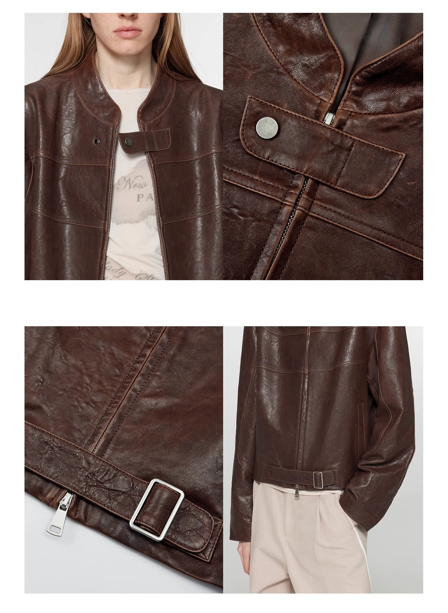 Caramel Mountain Retro Sheepskin Stand Collar Short Motorcycle Jacket