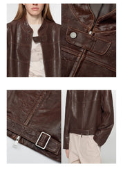 Caramel Mountain Retro Sheepskin Stand Collar Short Motorcycle Jacket