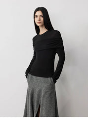 "Modern Tricks" personalized layered Tencel wool fake two-piece splicing one-shoulder versatile knitted top