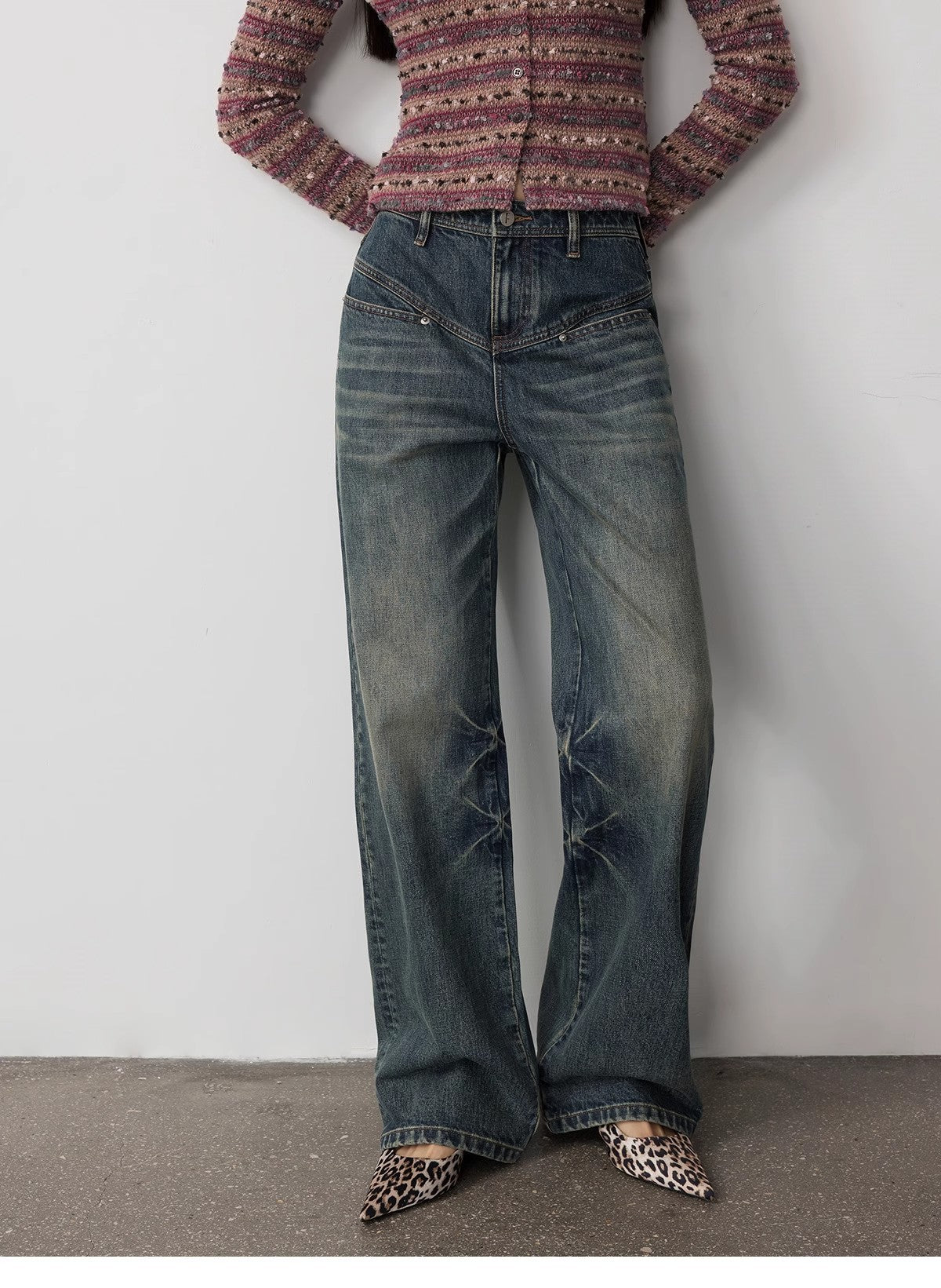 Vintage Heavy Wash Distressed Marble Pattern V-Shaped Segmented Slimming Textured Straight-Leg Denim Trousers