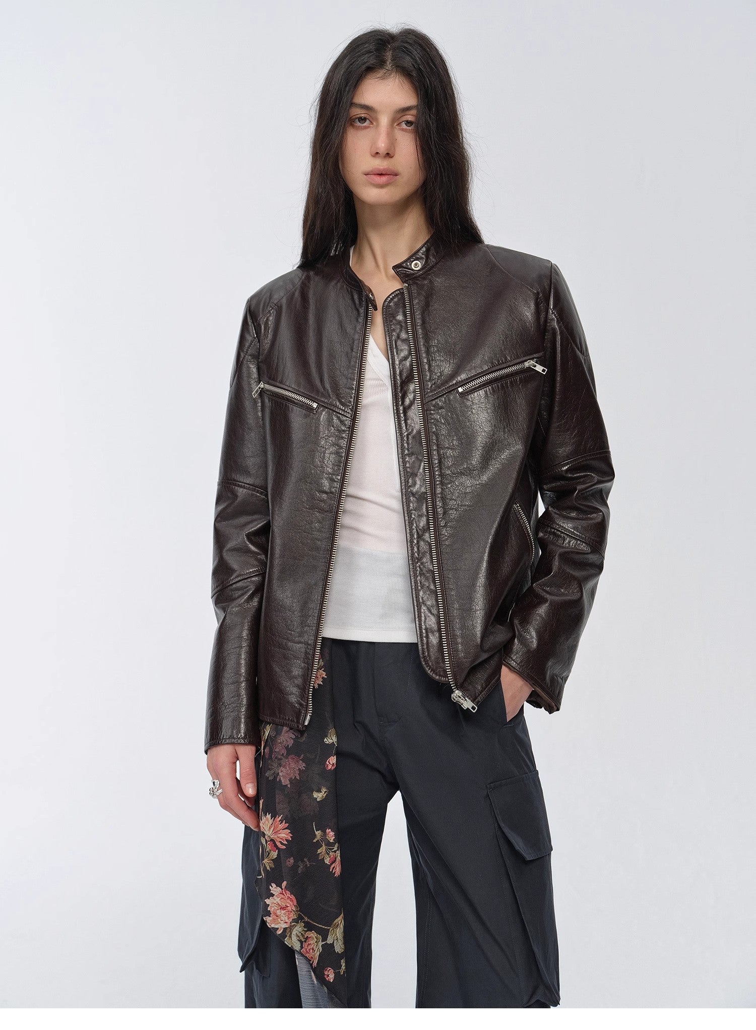 New Zealand imported waxed sheepskin/cowhide vintage motorcycle leather jacket "Manhattan Dark Night"