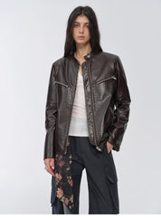 New Zealand imported waxed sheepskin/cowhide vintage motorcycle leather jacket "Manhattan Dark Night"