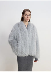 "Champagne on a Snowy Night" imported fox fur two-tone V-neck oblique stripe slim jacket