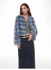 "Dream Chaser" round neck short horizontal spray stripe contrast color loose imported Rex rabbit fur coat