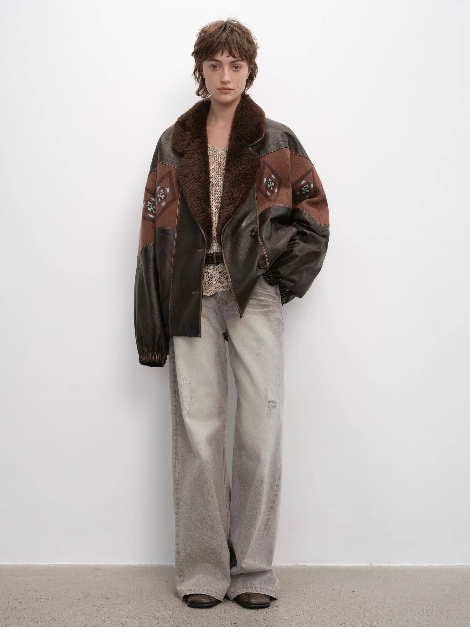 "Jumping City" Imported Suede Sheep Leather Sheep Curl Lapel White Goose Down Parka