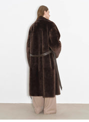 "Mocha Phantom" Merino wool dropped shoulder long asymmetric placket sheepskin coat