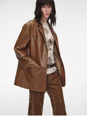 "Windsor Past" wide shoulder multi-pocket suit waxed leather jacket