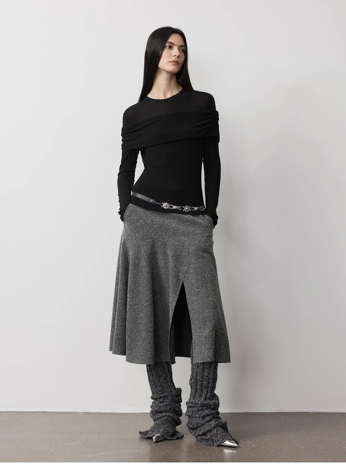 "Modern Tricks" personalized layered Tencel wool fake two-piece splicing one-shoulder versatile knitted top