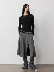 "Modern Tricks" personalized layered Tencel wool fake two-piece splicing one-shoulder versatile knitted top