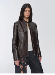 New Zealand imported waxed sheepskin/cowhide vintage motorcycle leather jacket "Manhattan Dark Night"