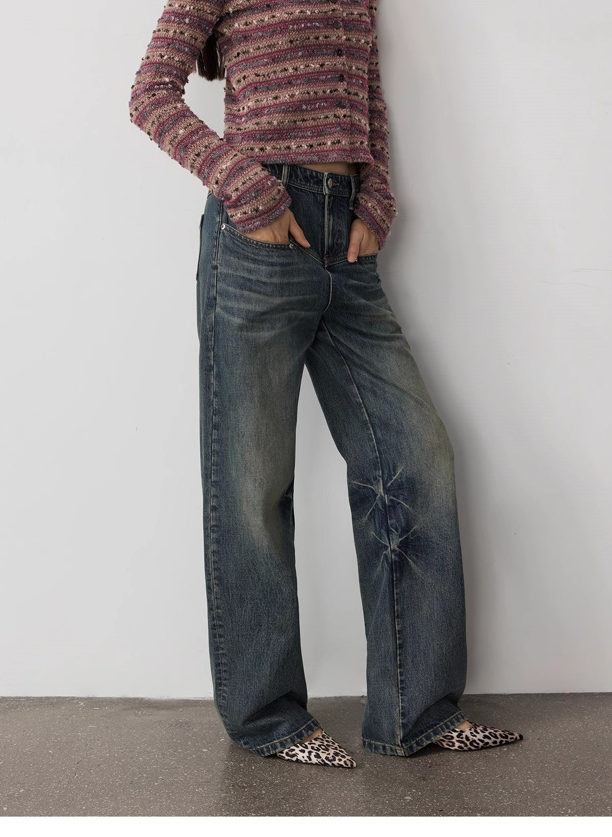 Vintage Heavy Wash Distressed Marble Pattern V-Shaped Segmented Slimming Textured Straight-Leg Denim Trousers