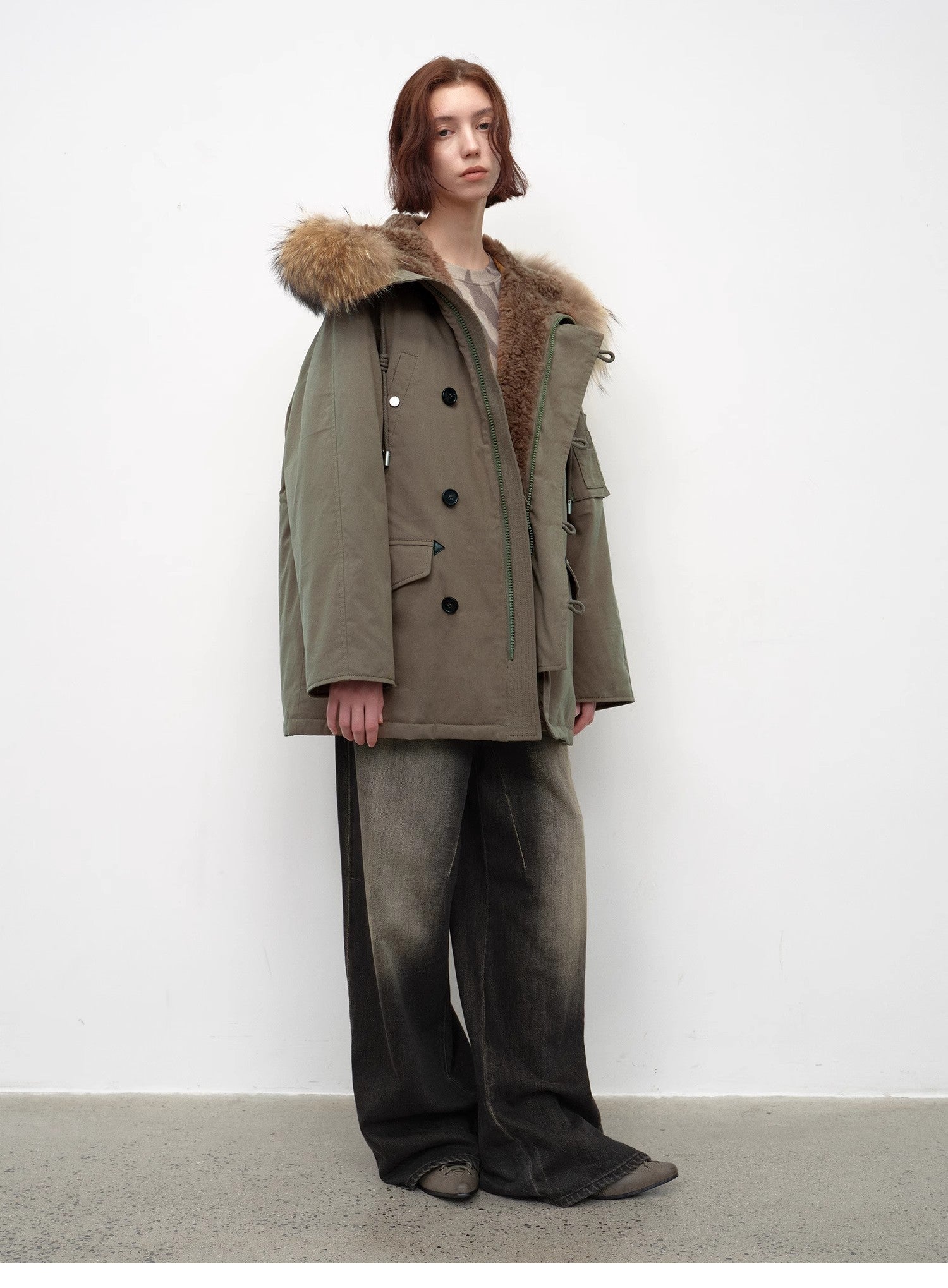 "Coastal Highway II" Hooded Raccoon Fur Collar 90% Duck Down Sheep Shearling Lined Down Parker