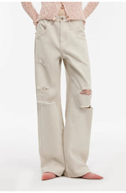 "Gray and Denim" stylish and personalized Turkish washed retro distressed holes straight flared jeans