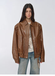 "Fashionable Luke" imported waxed sheepskin leather retro work jacket coat for women