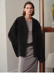 "Paris Night" luxury lightweight v-neck mid-length imported ragone sheepskin fur coat