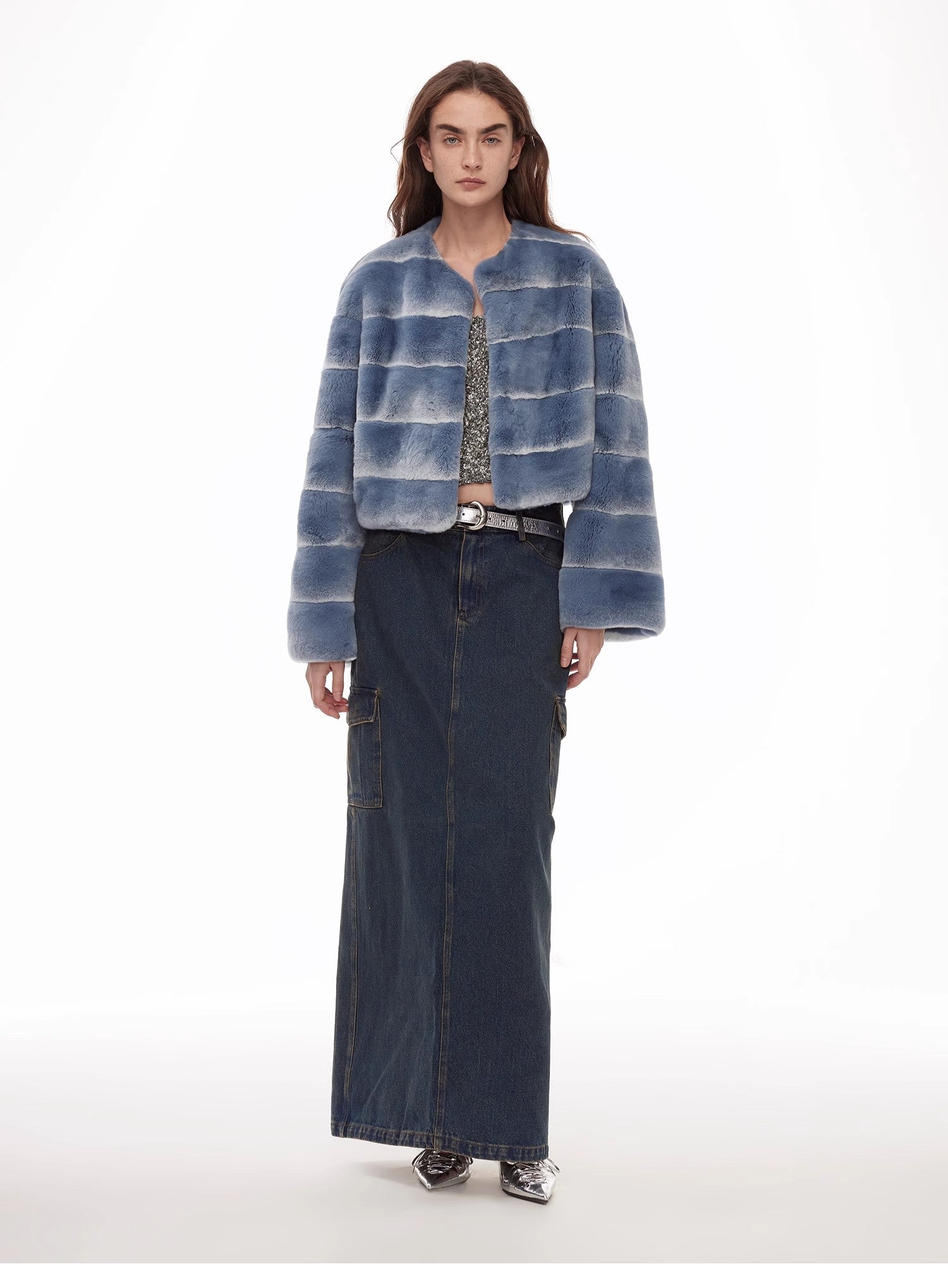 "Dream Chaser" round neck short horizontal spray stripe contrast color loose imported Rex rabbit fur coat