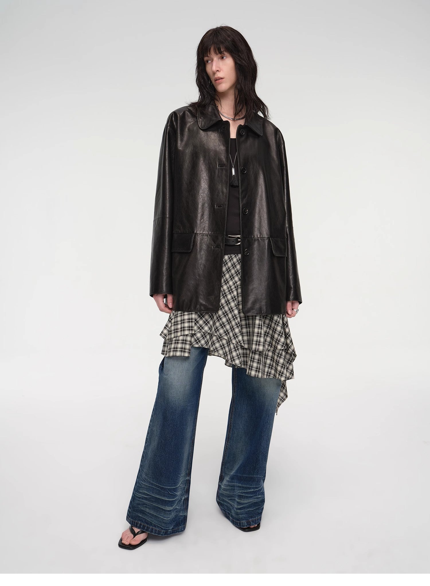 Goatskin simple and versatile retro suit-style leather windbreaker jacket "Fashionable Kosi"